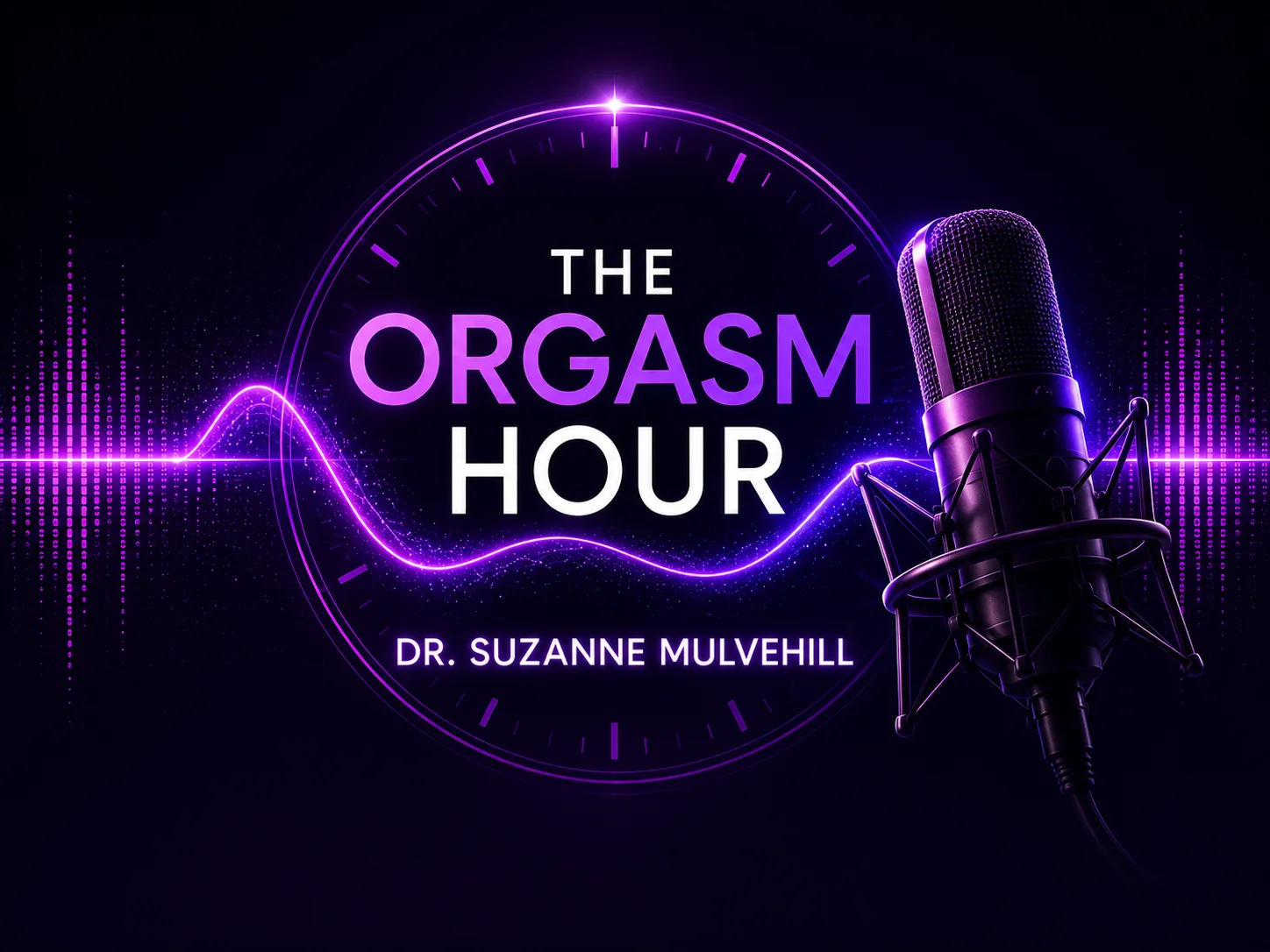 The Orgasm Hour podcast banner showing a studio microphone in purple light